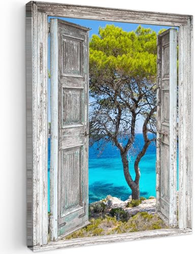 MuchoWow© Bild auf Leinwand 60x80 cm Schlafzimmer Bilder Wand Deko Wohnzimmer Modern Wanddeko Bilderwand Geschenk Baum - Tropisch - Meer - Fensterblick - Strand