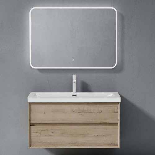 Sogood Meuble de Salle de Bains Chêne Blanc Clair Ensemble de 3 Pièces Meuble avec Lavabo et Miroir LED Meuble sous-lavabo Suspendu 100cm avec Soft-Close Design Rimo