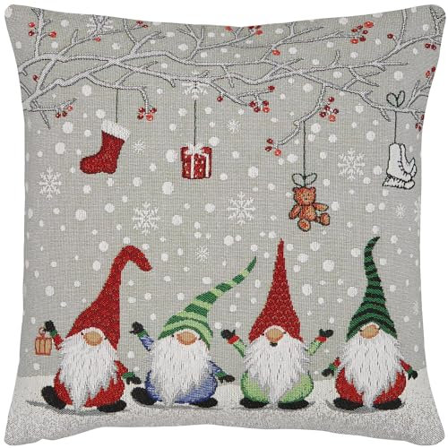 Espamira Kissenhülle Weihnachten 40x40 Wichtel Kissenbezug Gobelin Weihnachtskissen Sofakissen Winter Dekokissen Kissen Reißverschluss (Wichtel Quartett Grau)