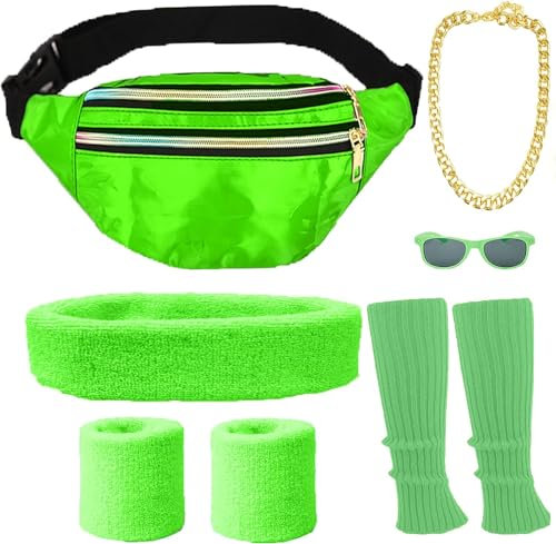 80er Jahre Accessoires Damen Herren Wasserdicht Bauchtasche 80er jahre Neon Beinwärmer Stirnband Armbänder 80er Jahre Kleidung Sport 90er 80er Jahre Outfit Damen Herren Accessoires Party Kostüm (Grün)