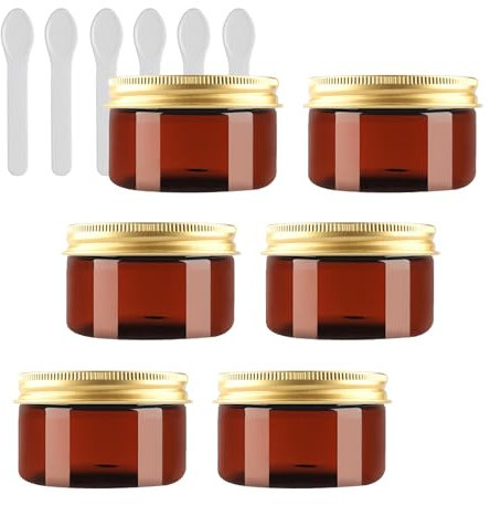 PQPAUTY 6 Pièces Vides Petit 100 ml Marron Cosmétique Pot en Plastique avec Couvercle Or 100 g Pots de Cosmétique Crème de Bouteille Contenant avec 6x Spatules