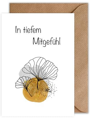 WBdesignz Trauerkarte mit Umschlag In Tiefer Trauer - Trauer Karte Gold Ginko Trauerfeier Kondolenzkart Beerdigung Karte Kondolenz (DIN A6)