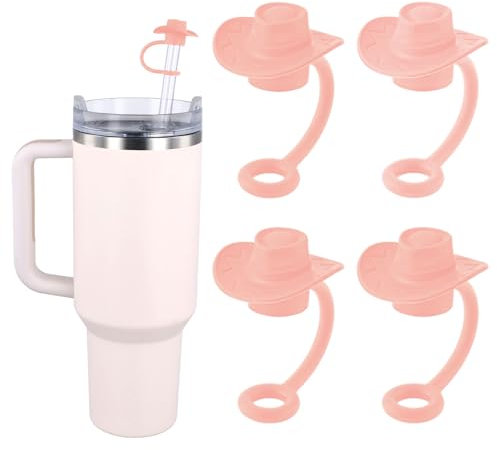 4pcs Cowgirl Hat Straw Cover, Cowboy Silicone Straw Toppers for 8-10mm Straws Reusable Straw Tip Cap Decorative Cup Accessories for Stanley Tumbler Cups (Pink)