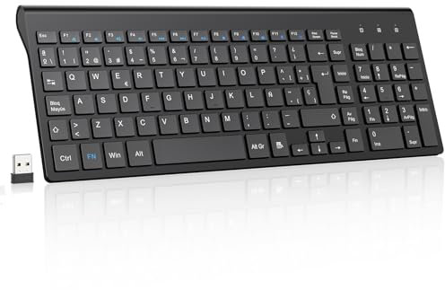 cimetech Teclado inalámbrico, 2.4G QWERTY español Layout, USB Teclado de Ordenador con Teclado numérico y Teclas ergonómicas para Desktop/PC/Laptop/Surface/Smart TV/Notebook y Windows - Negro