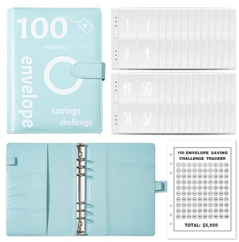 Geldsparbinder Budget Planner, 100 Envelope Saving Challenge, A5 Haushaltsplaner mit Umschlägen, Budget Binder, Geldspar Ordner mit Geldumschlägen, Sparen Sie 5.050 € Budgetplaner (Blau)