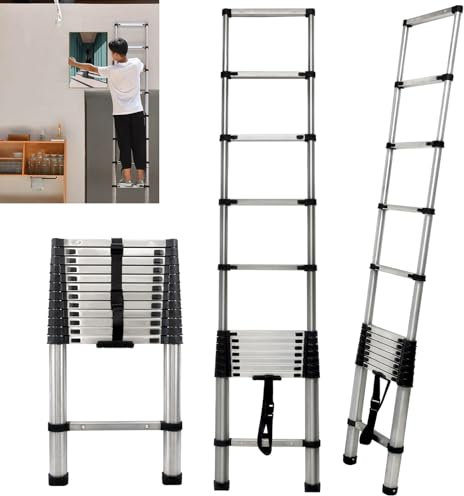 Ausziehbare Leitern 3.8M Arbeitsplattform Dachboden Leitern, Heavy Duty Edelstahl Teleskopleiter Mit Höhenverstellbaren & Anti Rutsch Gummifüße, 13 Schritt, Max Load 150kg/330lbs