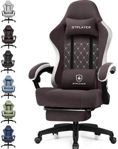 GTPLAYER Gaming Stuhl Ergonomischer Gaming Sessel Schreibtischstuhl mit Stoffoberfläche, Federsitzkissen, Verbindungsarmlehnen und Fußstütze Braun