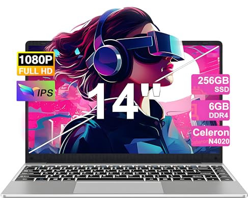 PC Portatile Win11 Computer Portatile Notebook 14 Pollici 6GB 256GB Estensioni SSD 1TB, Laptop Celeron N4020 fino a 2.8GHz, 5000mAh 2.4/5G WiFi 1080FHD BT4.2 USB3.0 Tastiera Italiana Membrana-Argenteo