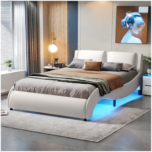 Racxily Cama de Matrimonio con luz LED, Cama Acolchada de 140 x 200 cm, Cama Individual con Base de láminas, Piel sintética, Blanco