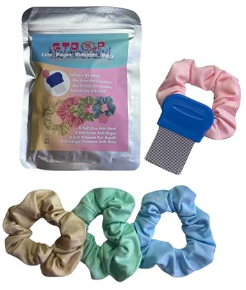 Läuse Haargummi – Enthält Lice Comb – Anti Läuse Haargummi fur Kinder – 100% natürlich, mit ätherischen Ölen - Effektive Vorbeugung - Enthält vier Haargummis in Blau, Rosa, Mintgrün und Beige.
