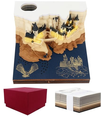 KBIBCK 2026 3D Tischkalender-Notizblock, 3D Kalender Abreißen 2026, Magic Castle Kreatives Papierskulptur Bastel DIY mit Aufnahme,Desktop-Ornament, 90 x 90 x 50 mm (Schloss mit Licht)