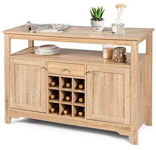 GiantexUK Wooden Buffet Sideboard, 2 Doors Kitchen Cupboard Cabinet with 9-Bottle Wine Rack, Adjustable Shelves & Drawer, Freestanding Storage Organizer for Dining Living Room (Natural)