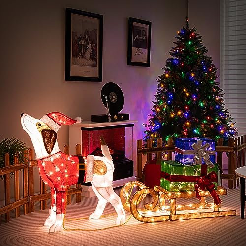 COSTWAY LED Hund mit Schlitten und Geschenkboxen, Weihnachtsdeko für außen und innen, Weihnachtsfigur mit 170 warmen LED-Lichtern, Weihnachtsdekoration, Weihnachtsbeleuchtung Figuren außen