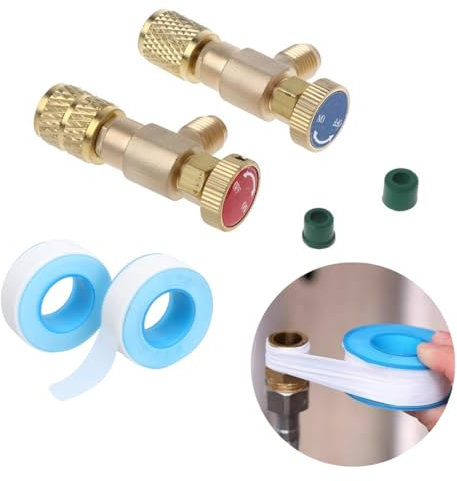 Pack de 2 Adaptadores de Aire Acondicionado con Válvula de Conexión Rápida y 2 Cintas Adhesivas, Herramientas para Carga de Refrigerante, Recuperadora de Gas R410 R22 para Coche - Hasta 5 kg