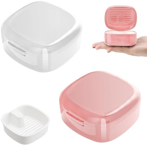 Zahnspangendose 2 Stück Gebissdose,Prothesendose Zahnprothesen Box Gebissdose Zahnprothesendose Zahnspangendose mit Sieb Geeignet für Zahnspangen, Zahnersatz (Weiß/Rosa)