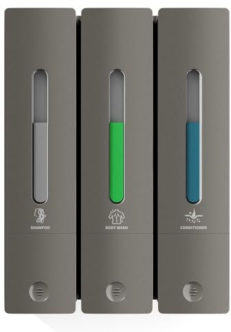 Raddile Shampoo and Conditioner Dispenser Wall Mounted, No Drill Shampoo Dispensers for Shower, Shower Gel Dispenser for Bathroom Hotel (3 Chamber Grey)