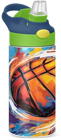 Sevdomey Botella de agua para niños con diseño de pintura de baloncesto con pajilla, de acero inoxidable, aislada, a prueba de fugas, 350 ml, para escuela, guardería, viajes, deportes