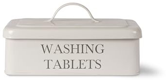 Washing Machine Tablets Storage Box in Chalk White, Metal Enamel Caddy Tidy Metal Box with Lid, Utility Room Washing Tablets Box