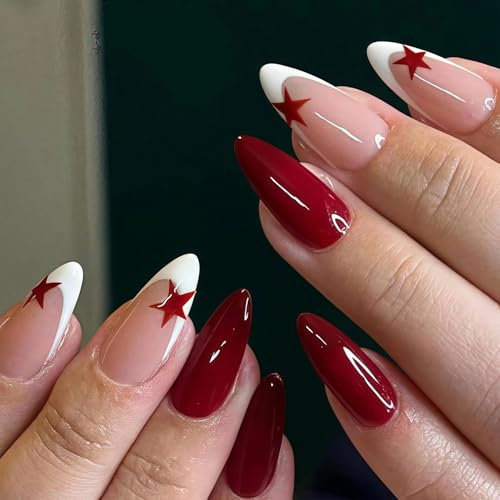 24 Stück Mittel Press on Nails Almond - Rot Finger Nägel - French Nails Press on mit Sternmotiv - Full Cover Künstliche Fingernägel Zum Aufkleben - Falsche Nägel für Frauen & Mädchen (Red Star)