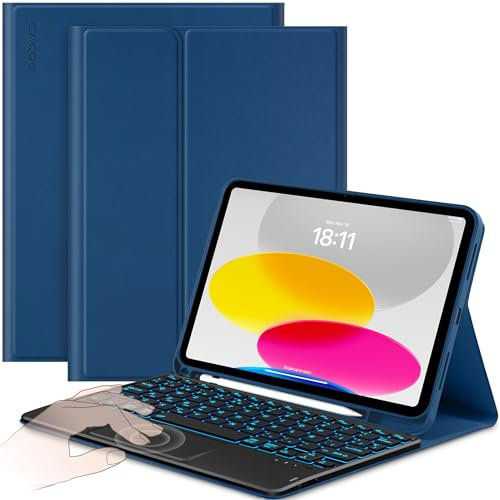 CACOE Funda Teclado para iPad 11.ª Gen (A16) / 10.ª Generación (11/10.9 Pulgadas) 2025/2022, Teclado con Touchpad, Iluminación de 7 Colores, Magnético Desmontable Bluetooth Teclado, Azul Océano