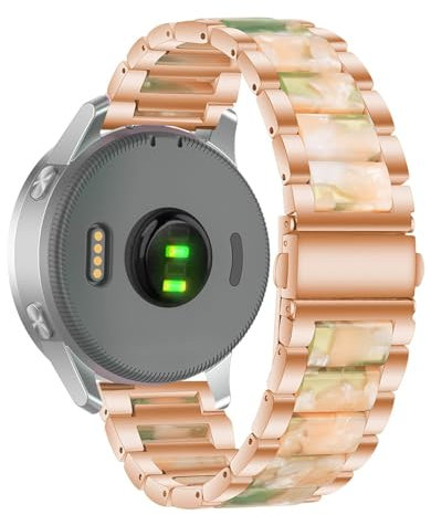 Tri-Link Stainless Steel Resin Replacement Watch Strap for Garmin Venu 2 Plus/Venu Sq Vivoactive 6/5, 20mm Women Adjustable Wristband with Fold-over Clasp for Forerunner 165 (Rose Gold-Emerald)