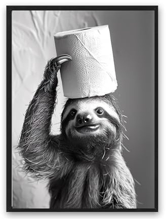 Kunstdruck Din A4 - Lustiges Faultier mit Klopapier - Faultier im Bad - Badezimmer Gäste WC Toilette Klo Rolle Toilettenpapier - Druck Poster Bild Deko - ohne Rahmen