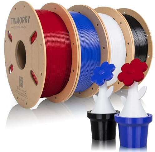 TINMORRY Rapid PETG Filament 1,75 mm für 3D Drucker, 4 × 1 KG, 4 Farben | Schwarz, Rot, Kaltweiß und Königsblau, bis 300 mm/s, wenig Fadenbildung, leicht zu drucken