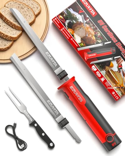 EZUVITA Cordless Electric Carving Knife Set, 8V, 2 Blades and Fork | Removable 2000mAh Battery Pack, Cordless Carving, Meat & Bread Cutting, Safety Lock, Easy Grip