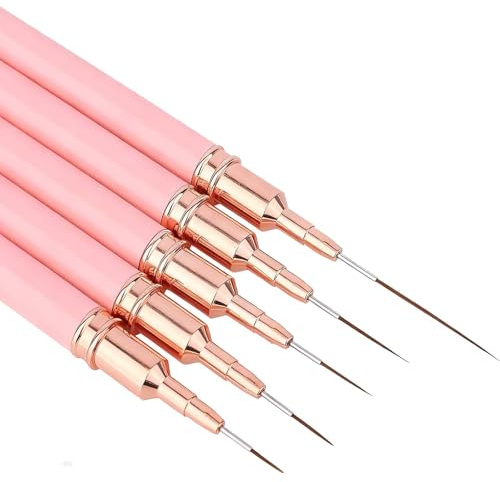Rayakt 5Pcs Nail Art Liner Brushes, Fine Tip Nail Art Pens, Thin Nail Art Brushes, Nail Dotting & Striping Drawing Tool for Gel Polish, LLong Lines, Thin Details, Fine Drawing (7/9/11/15/25mm, Pink)