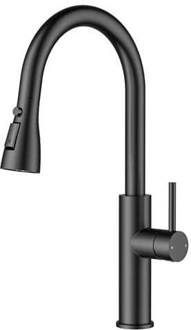 FORIOUS Kitchen Tap, Kitchen Mixer Tap with Pull Out Spray, 2 Spray Modes, 360° Swivel Stainless Steel, Single Handle for Hot and Cold Water, Matte Black
