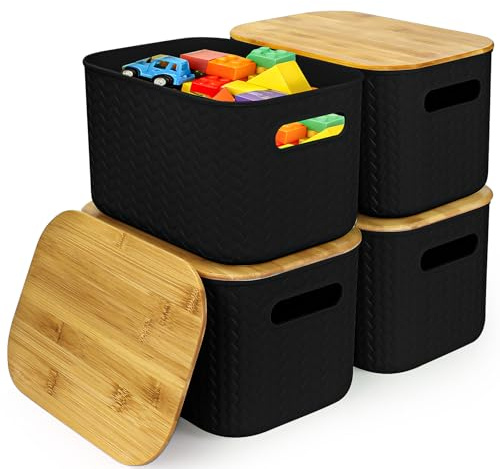 4 Pack 6L Storage Boxes with Wood Lids, Plastic Baskets for Shelves, Black | 25.8x17.8x15.5cm; Space-Saving; Sleek Containers for Organizing Pantry, Desktop, Closet, Office, Bathroom and Classroom