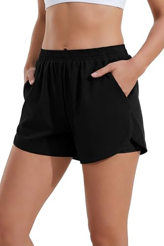 Ekouaer Womens Swim Board Shorts Boxer Liner with Pockets S-2XL | athletic; 2 layers with stretchy boxer liner, elastic waist, mesh pockets, side slits, curved hip line