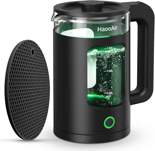 1.5 L Electric Kettle, Made of Easy-To-Clean Glass Material, Boils Quickly and Silently, BPA-Free, Equipped with a Green LED Light and a Black Mat, and Features Dry-Burn Protection.