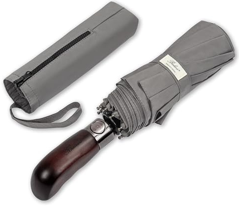 Balios Folding Umbrella Real Wood Handle Auto Open Close Metallic Gray