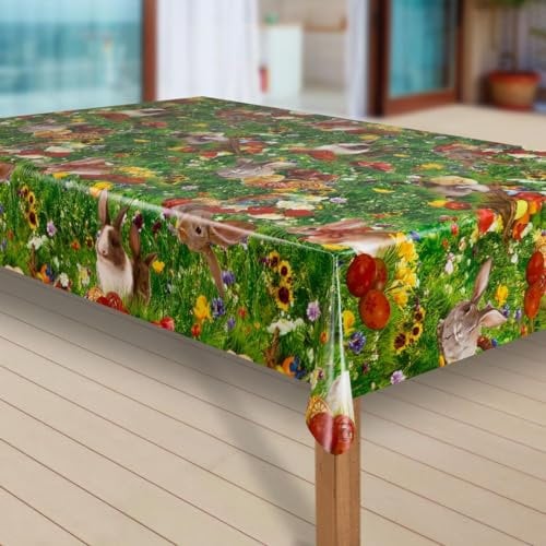 laro Wachstuch-Tischdecke Abwaschbar Wachstischdecke PVC Plastik-Tischdecken Eckig Meterware Abwischbar, Muster:Ostern Blumenwiese Hase, Größe:100x140 cm