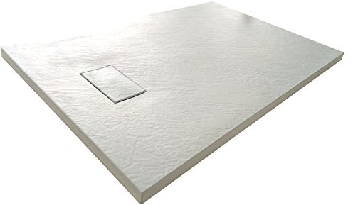Piatto Doccia H.2,6 cm In Vetro-resina SMC Effetto Pietra Stone Ardesia Piletta Doccia Inclusa (70x110 h 2.6cm, Bianco)