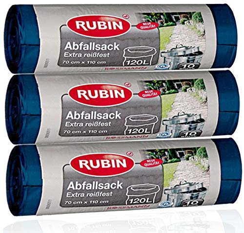 120 Liter Müllsäcke 3er Pack 30 Beutel (3 x 10 Stück) - RUBIN EXTRA REIßFEST und Flüssigkeitsdicht - Für Haus- Büro und Gartenabfälle -
