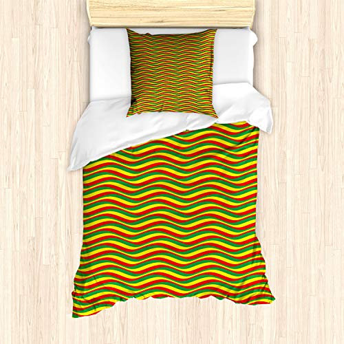 ABAKUHAUS Rasta Bettbezug Set für Einzelbetten, Ethiopian gewellte Streifen, Milbensicher Allergiker geeignet mit Kissenbezug, Marigold Grün und Rot