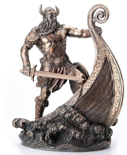Veronese Design 9.5 Inch Norse Viking Warrior Standing On Long Ship Prow Antique Bronze Finish Statue