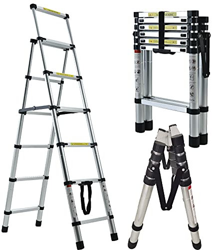 5+6 Step Ladder Folding with Anti Slip Feet Sturdy Telescopic Aluminium Tread Ladders 330lbs Capacity Office Home Improvement Tools EN131 Safety