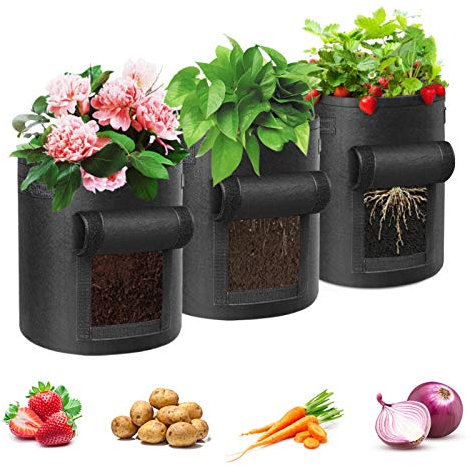 Lot de 3 sacs de culture de pommes de terre de 20 litres, pots en tissu respirant avec poignées et rabat d'accès pour légumes, fruits, culture domestique (noir)