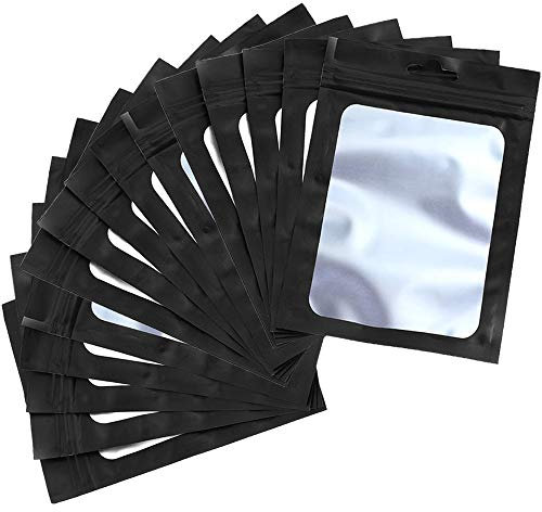 100 Stück Folienbeutel Wiederverschließbare Taschen Flache Tasche mit transparentem Fenster (Schwarz, 10 x 15 cm)