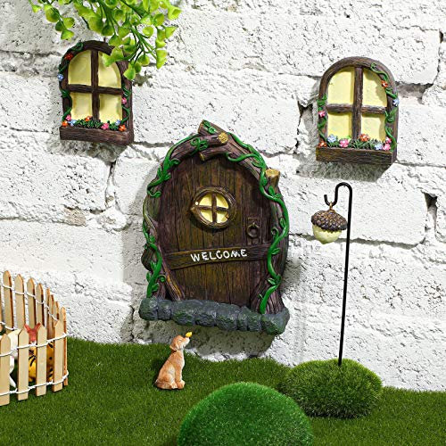 Fee GNOME Haus Fenster und Tür mit Lampe für Bäume Dekoration für Bäume, Hof Garten Skulptur Dekoration