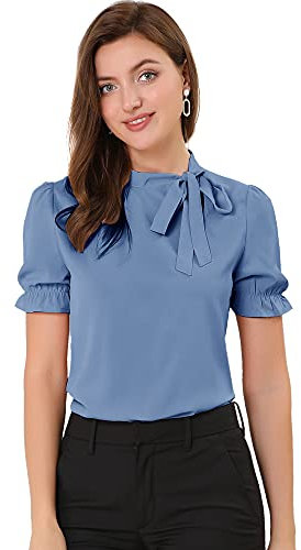Allegra K Femmes Chemises Col Nœud Papillon Haut Chemisier Élégant Manches Courtes pour Bureau Halloween déguisement Bleu S