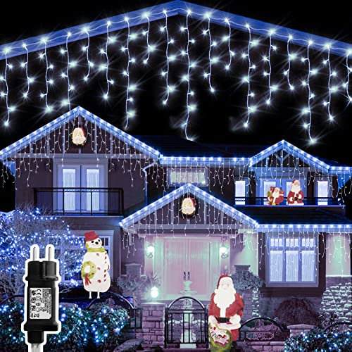 YMing Kaltweiß 10m Lichterkette Weihnachten Innen Außen, 400er LED Eisregen Lichtervorhang Fenster, Weihnachtsbeleuchtung Stecker 31V mit 8 Modi und Memory-Funktion