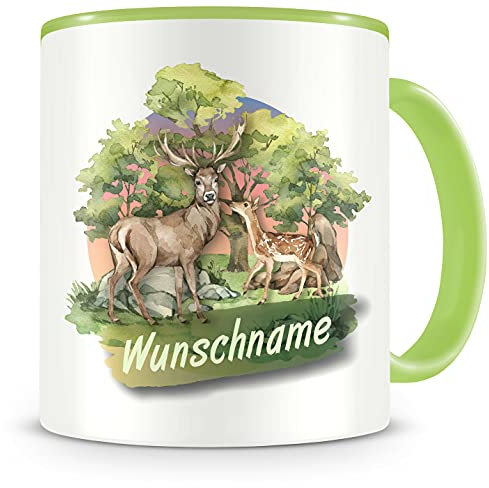 Samunshi® Kindertasse mit Namen Tasse Hirsch und Reh Personalisierte Tasse mit Namen Kinder Kinderbecher mit Namen Kindergarten grün 300ml