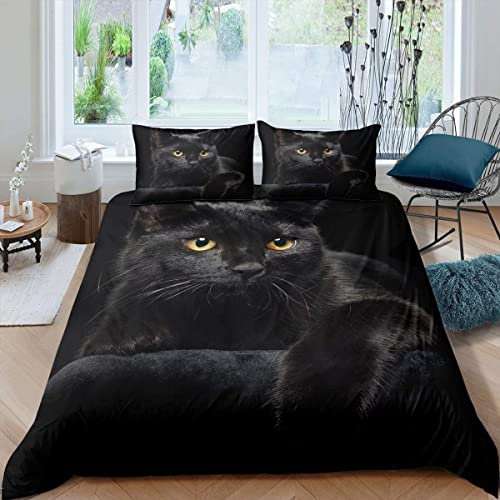 Loussiesd Katzen Muster Bettwäsche Set 135x200cm Nettes Kätzchen Bettbezug Set für Kinder Leicht Mikrofaser Betten Set Geheimnisvoll Schwarze Katze Dekor