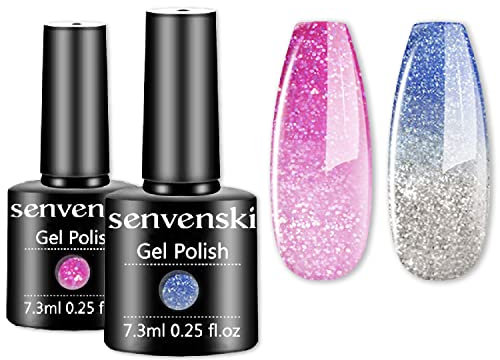 Senvenski Colour Changing Gel Nail Polish Kit, UV/LED Thermal Temperature Nail Art Set with Blue Pink Glitter Colours | Manicure Gift Kit for Women, Professional Salon Home Use (WB2-003)