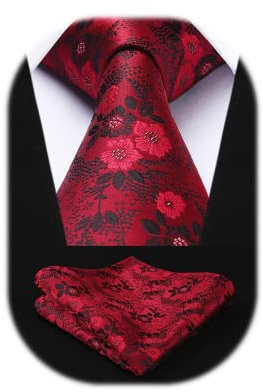HISDERN Red Ties for Men Wedding Tie and Pocket Square Set Elegant Floral Tie Silk Necktie & Handkerchief Sets Party Business