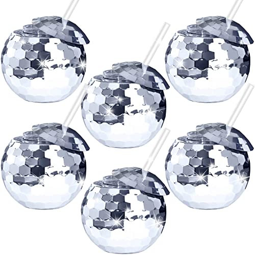 oneant 6 Pieces Disco Wine Cups Disco Flash Ball Cocktail Cup with Lid and Straw Party Supplies Wine Cocktail Glass Drinking Syrup Tea Bottle for Nightclub Bar Party, Silver